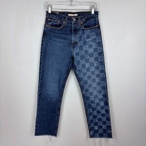Levi's Wedgie Straight Jeans Checkerboard Blue Retro Indie Grunge Size 27